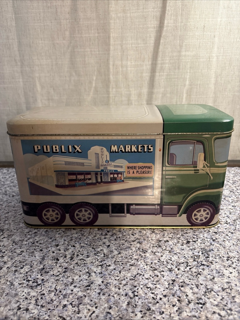 PUBLIX MARKETS METAL CANISTER STORAGE TIN  TRUCK DESIGN 10 7/8X4 1/2 X5 3/4 IN